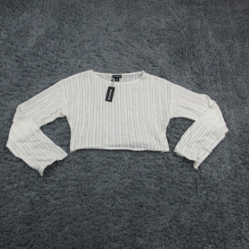 PRETTYLITTLETHING Sweater Womens 8 White Crew Neck Long Sleeve Striped NWT